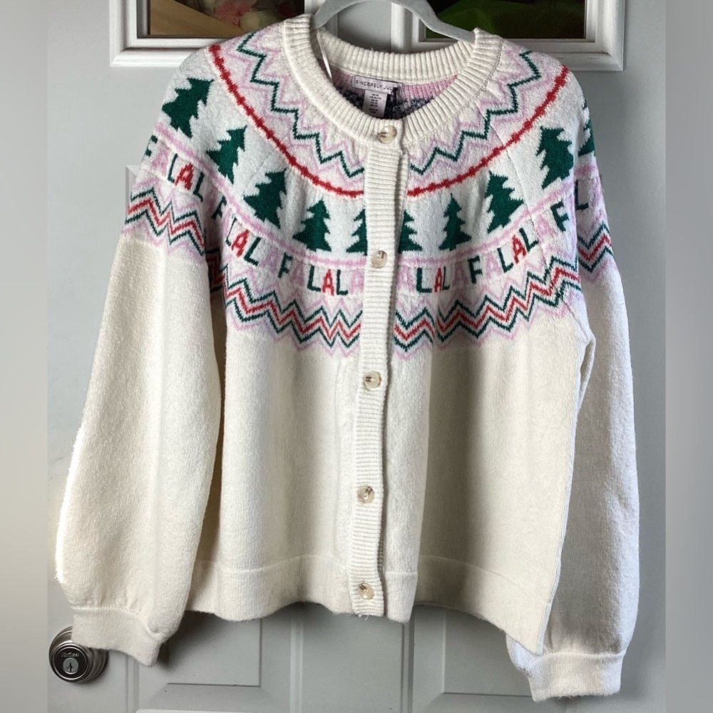 Sincerely Jules White and Green Holiday Cardigan